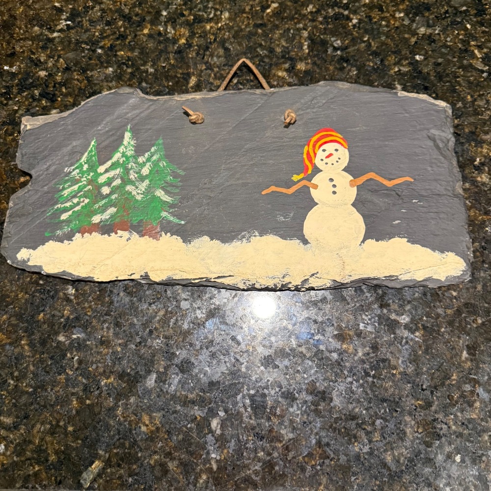 Hand Painted Slate Rock Wall Hanging Winter Snowman Christmas Decor Rustic